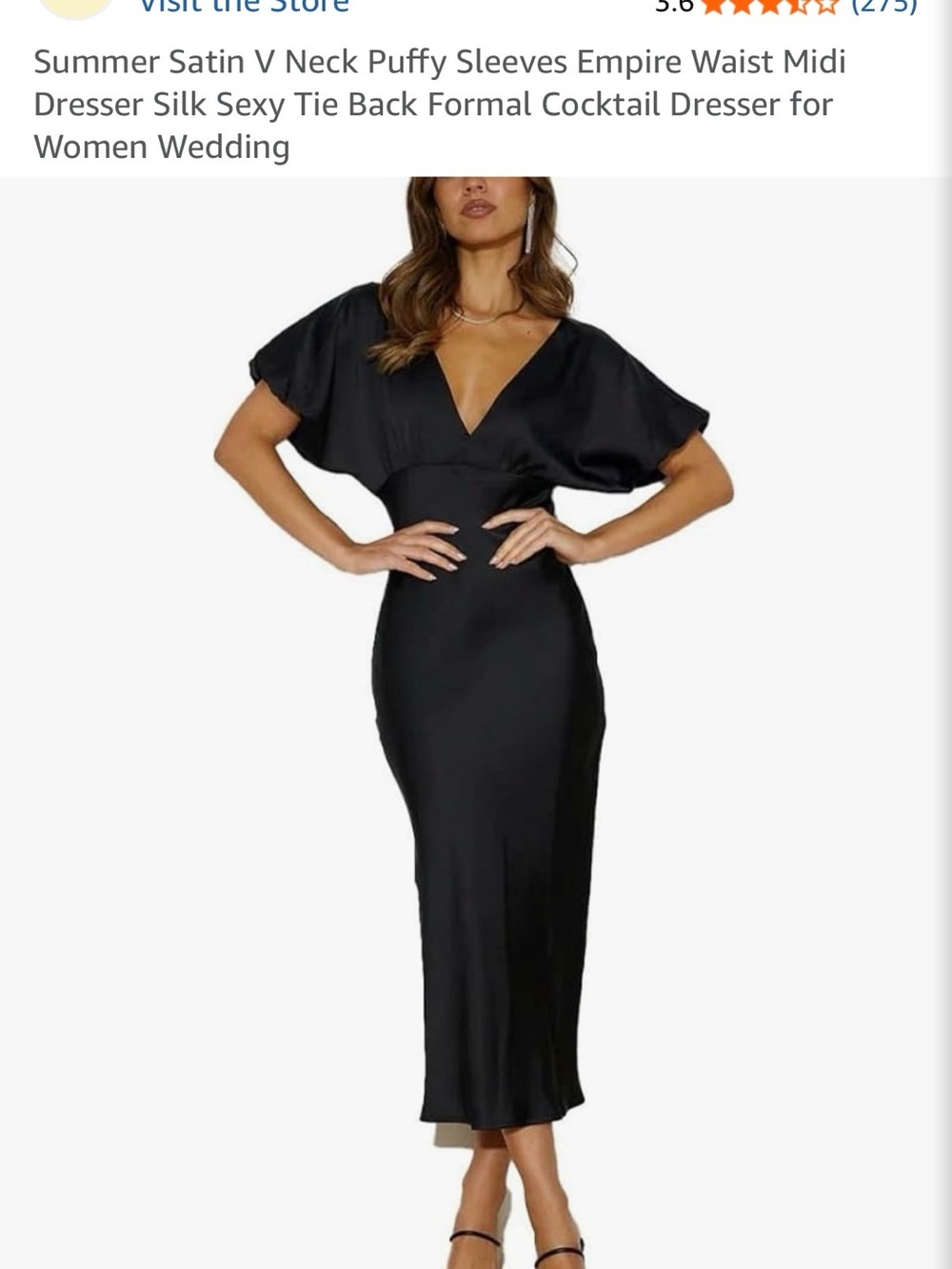 Black V-Neck Midi Dress with Puff Sleeves